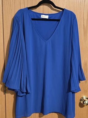 Royal Blue V-Neck Pleated Sleeve Women's Dress
